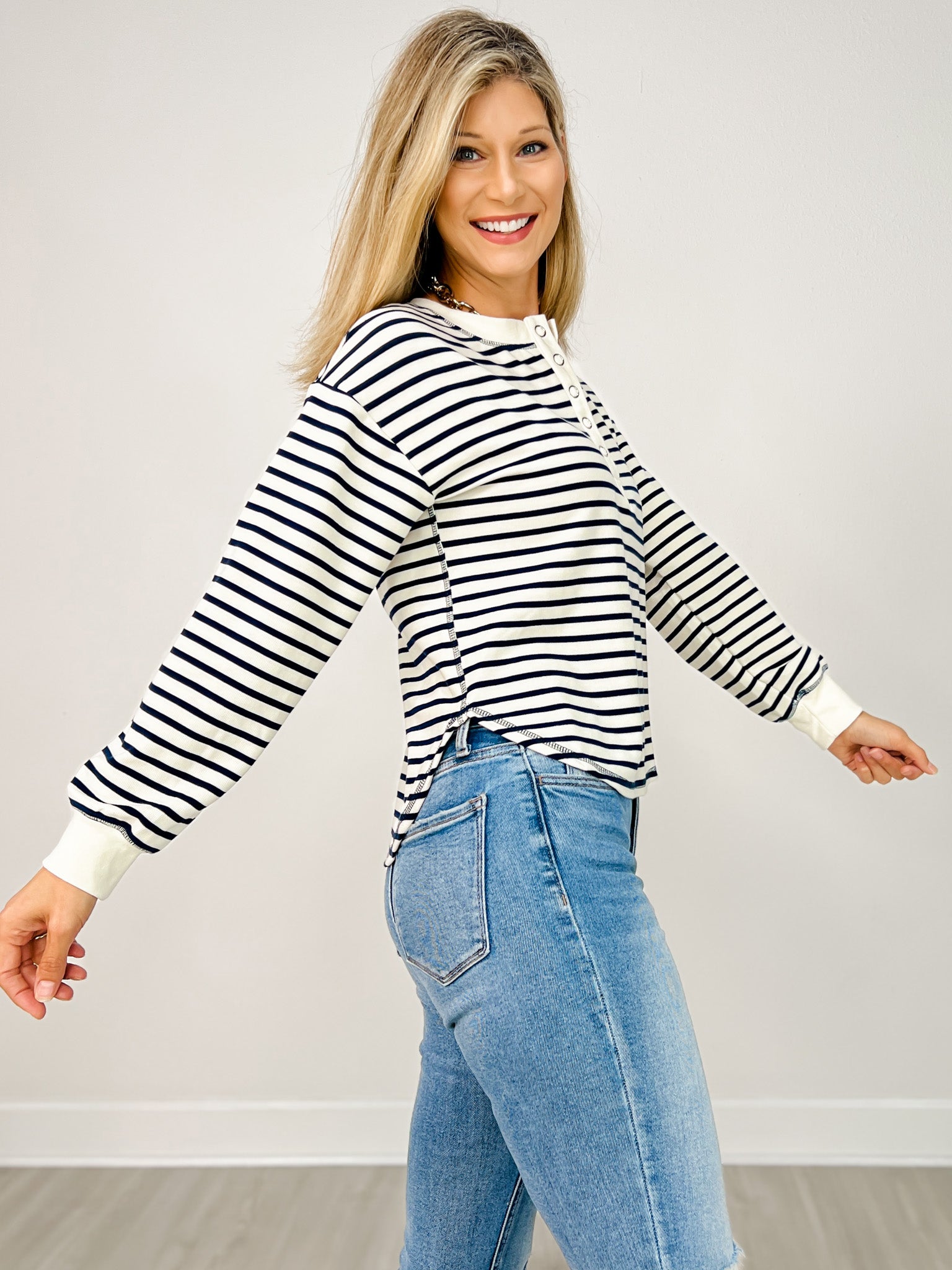Stripe Henley Snap Button Long Sleeve Knit Top