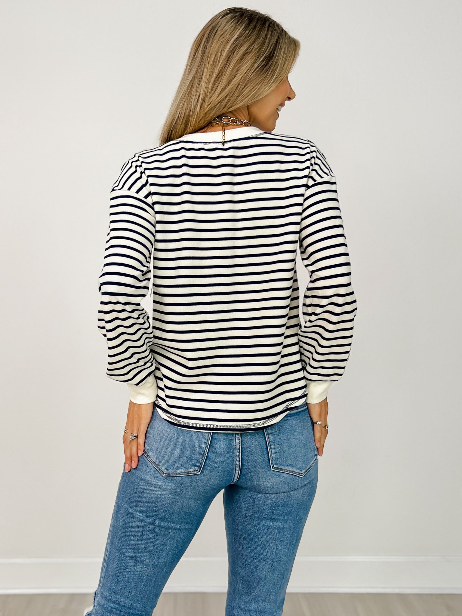 Stripe Henley Snap Button Long Sleeve Knit Top