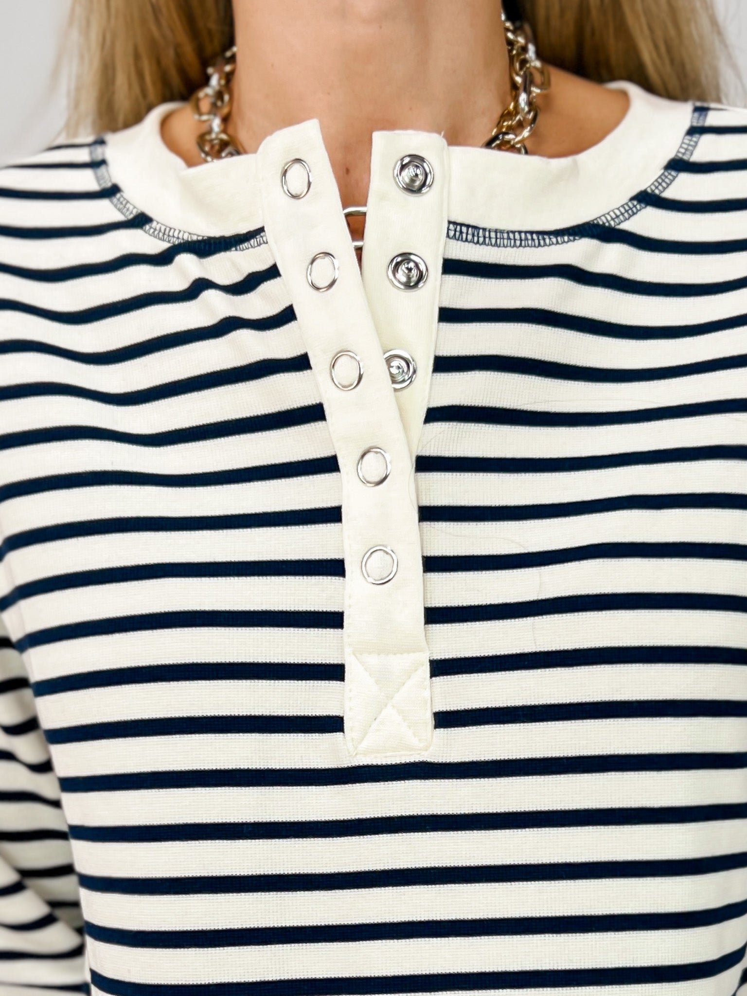 Stripe Henley Snap Button Long Sleeve Knit Top