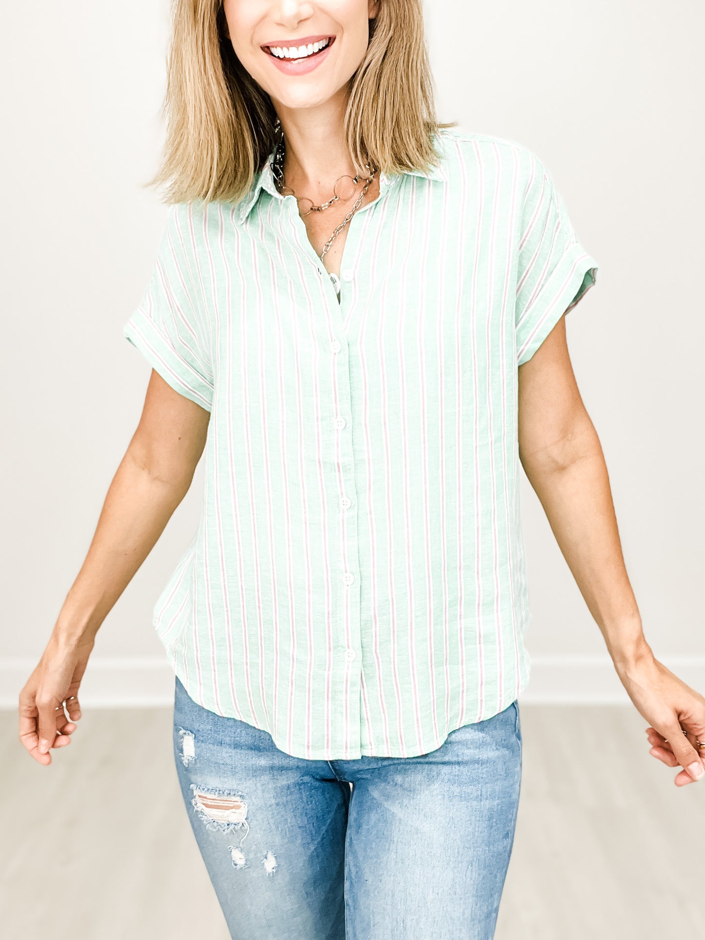 Short Sleeve Striped Linen Button Down Collared Top