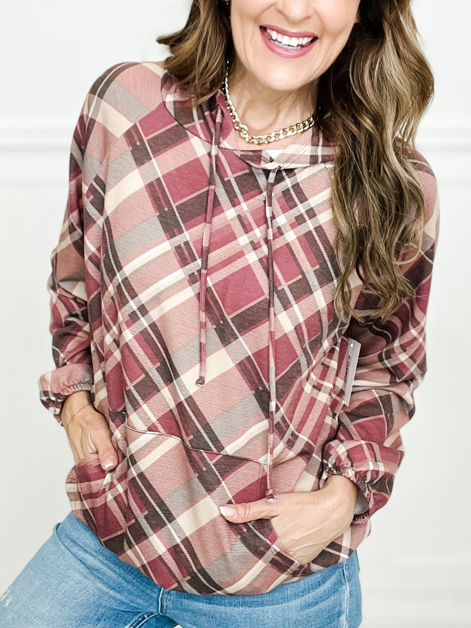 Long Sleeve Plaid Hoodie Top with Elastic Gather Sleeves and Hem