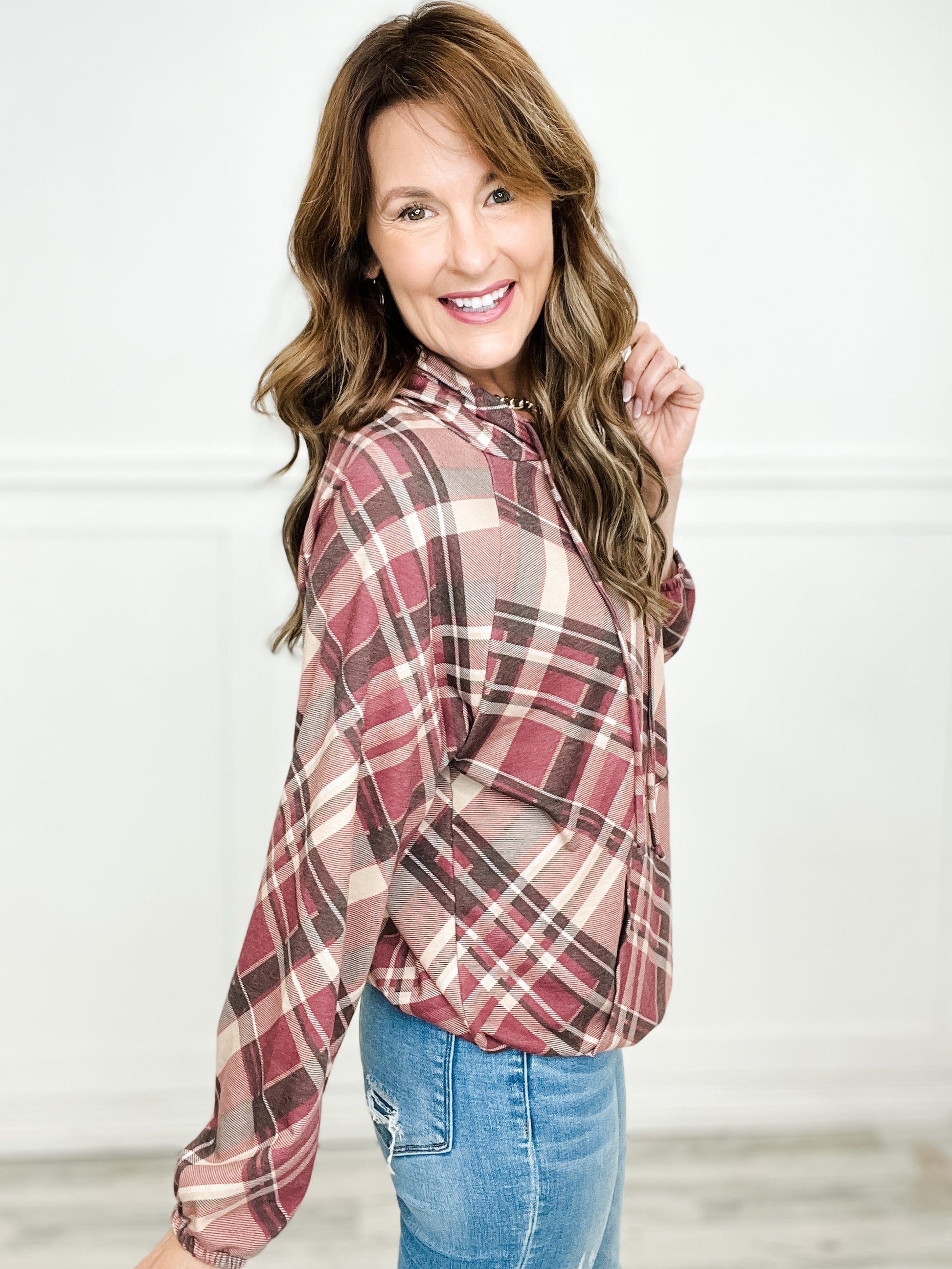 Long Sleeve Plaid Hoodie Top with Elastic Gather Sleeves and Hem