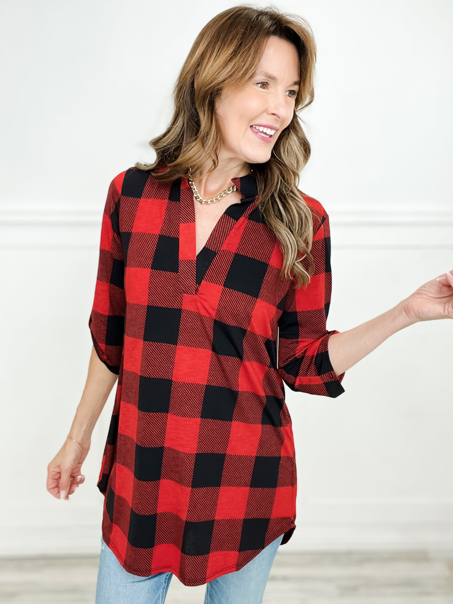Roll Up Button Sleeve V-Neck Plaid Top