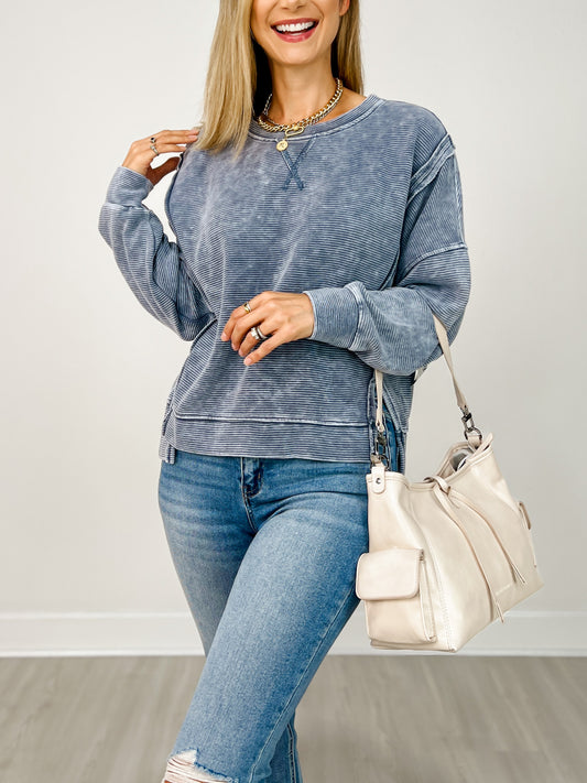 Washed Exposed Seam Side Slit Long Sleeve Knit Top