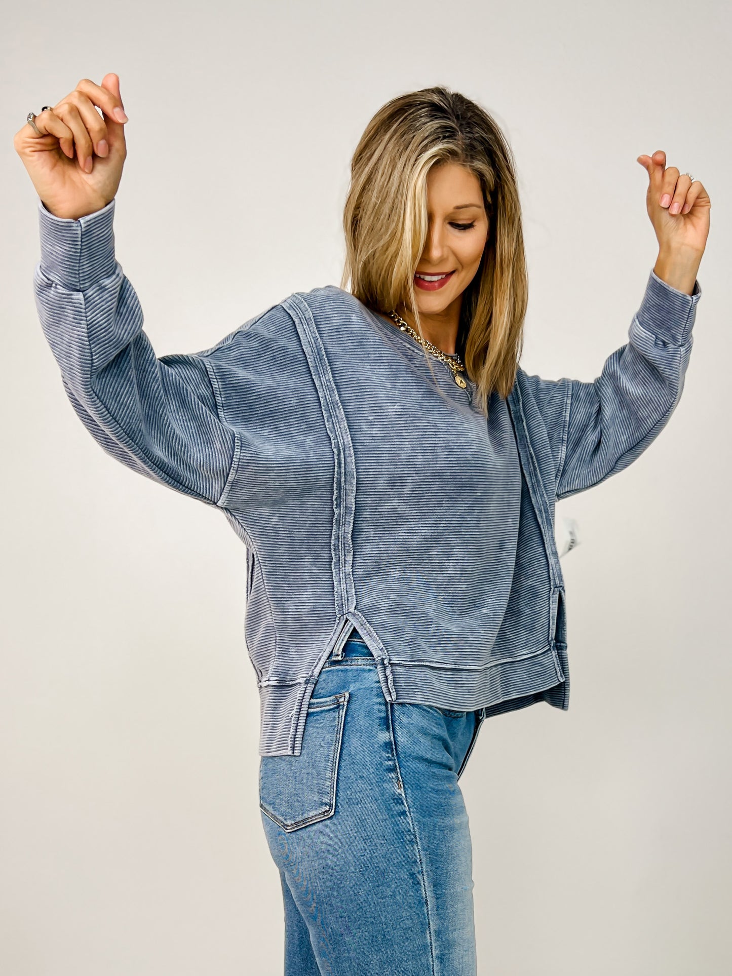 Washed Exposed Seam Side Slit Long Sleeve Knit Top