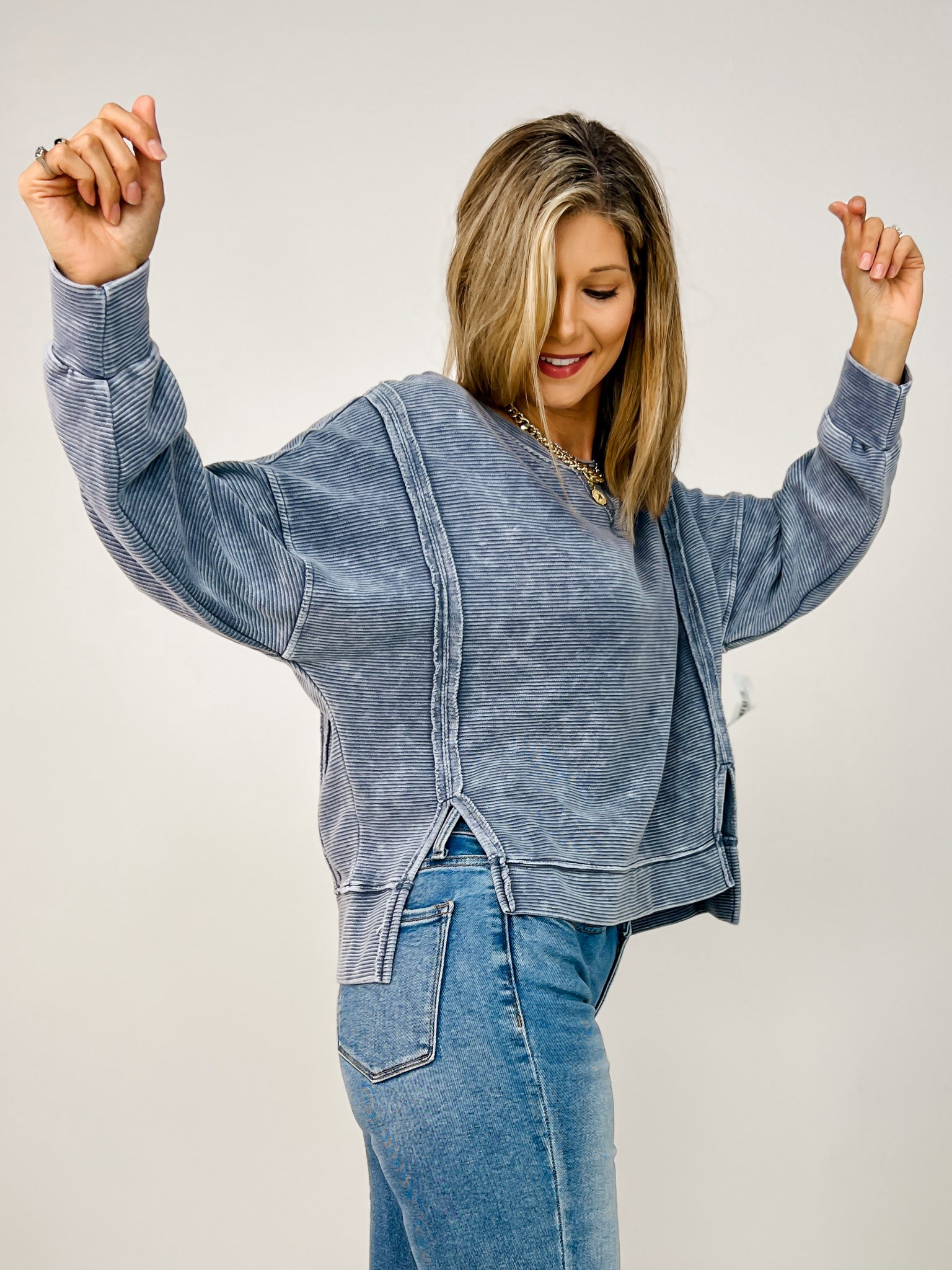 Washed Exposed Seam Side Slit Long Sleeve Knit Top