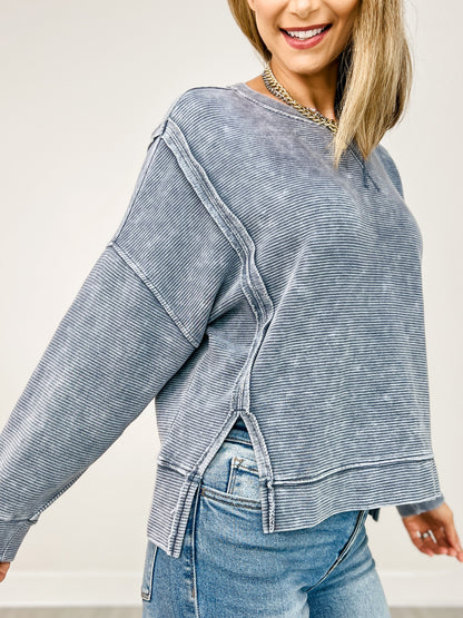 Washed Exposed Seam Side Slit Long Sleeve Knit Top