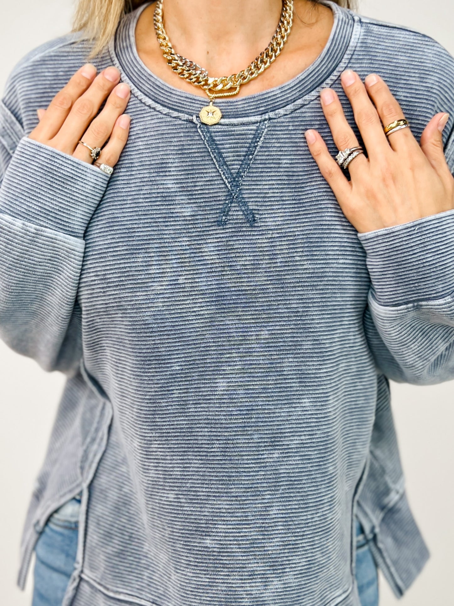 Washed Exposed Seam Side Slit Long Sleeve Knit Top