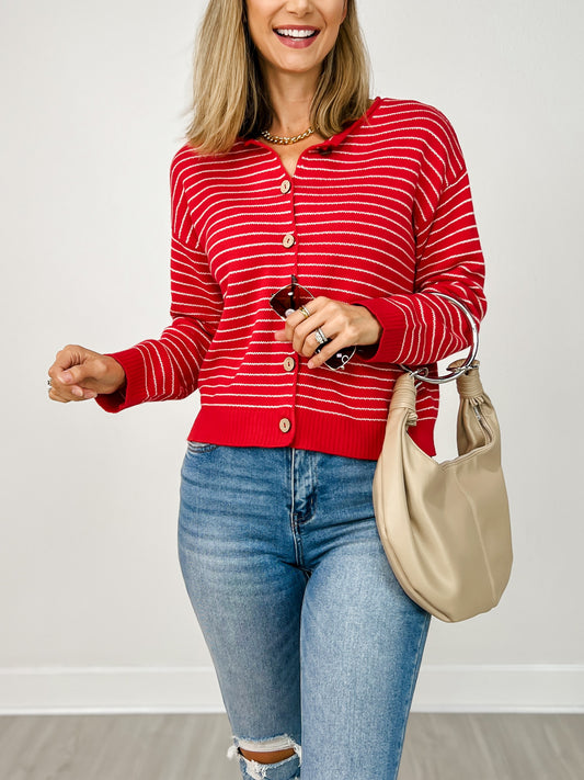 Stripe Button Down Raw Edge Knit Cardigan