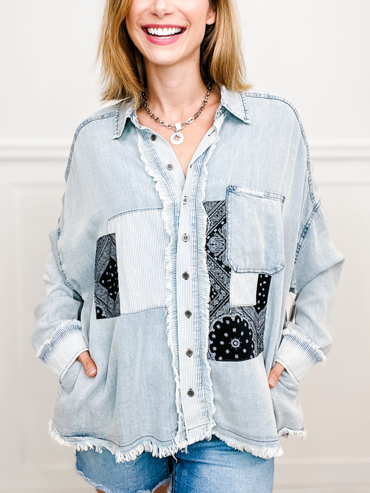 Washed Denim Patchwork Print Button Down Top