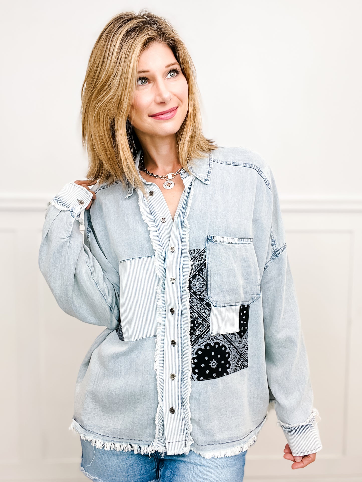 Washed Denim Patchwork Print Button Down Top