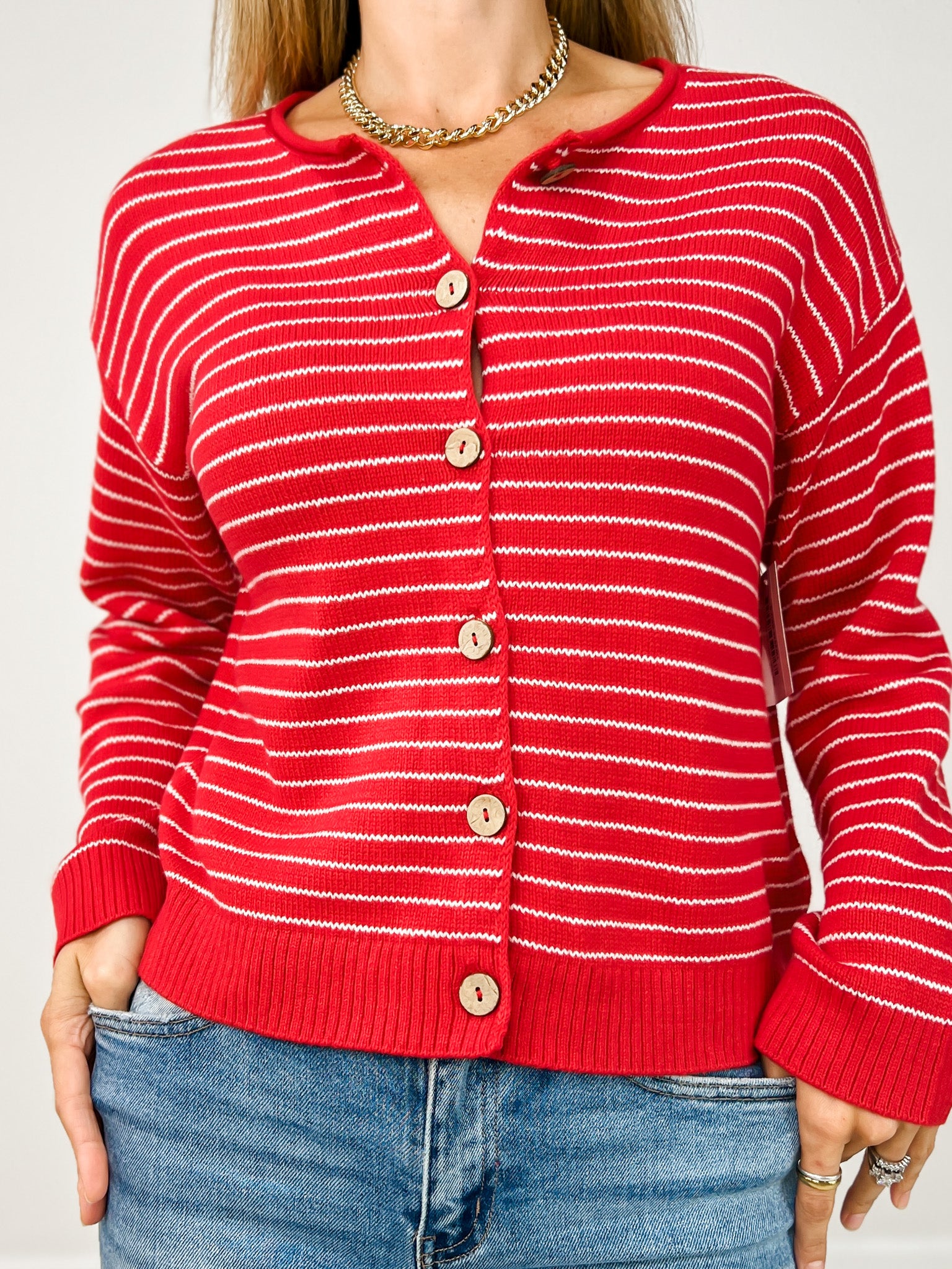 Stripe Button Down Raw Edge Knit Cardigan