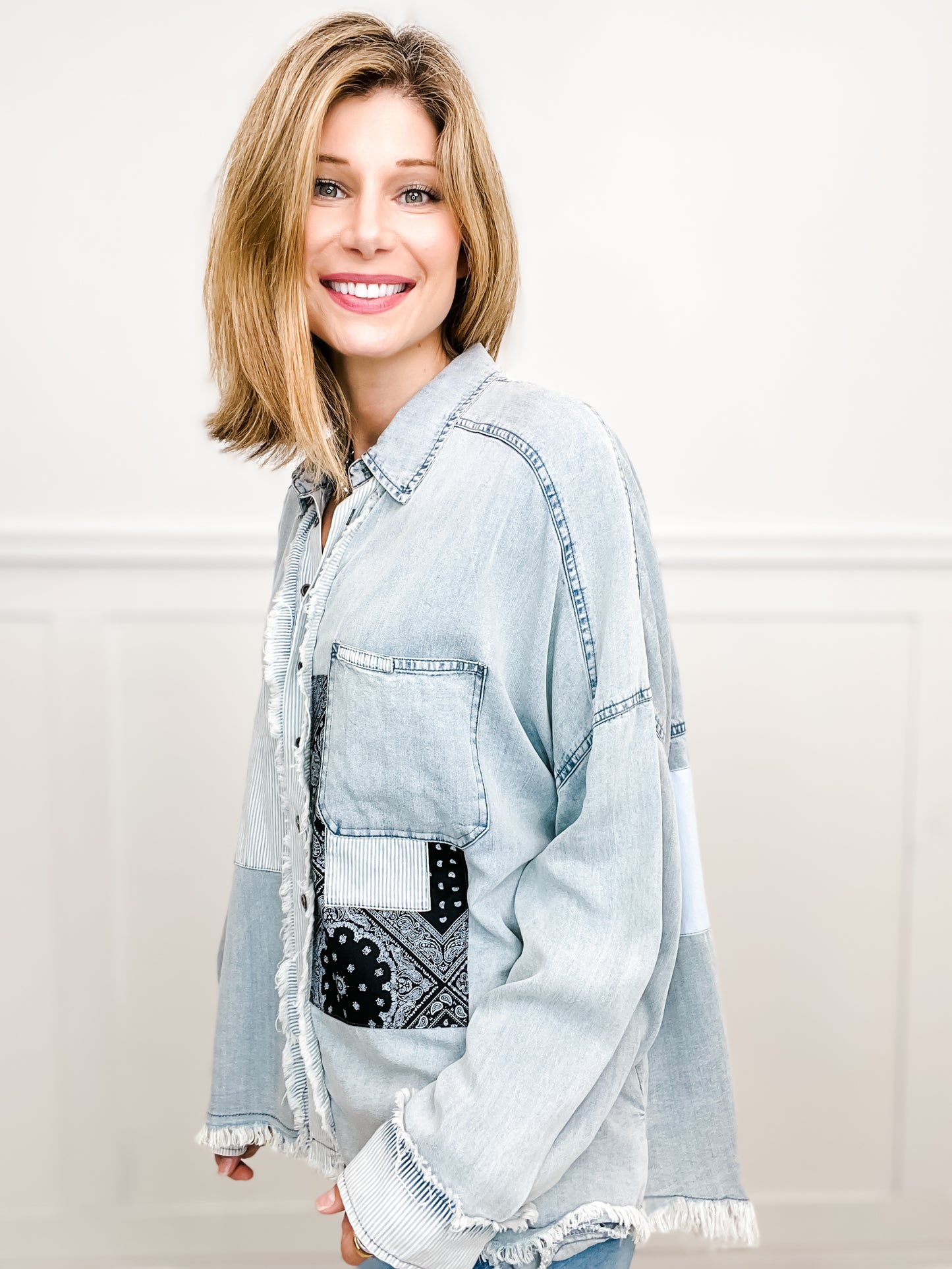 Washed Denim Patchwork Print Button Down Top