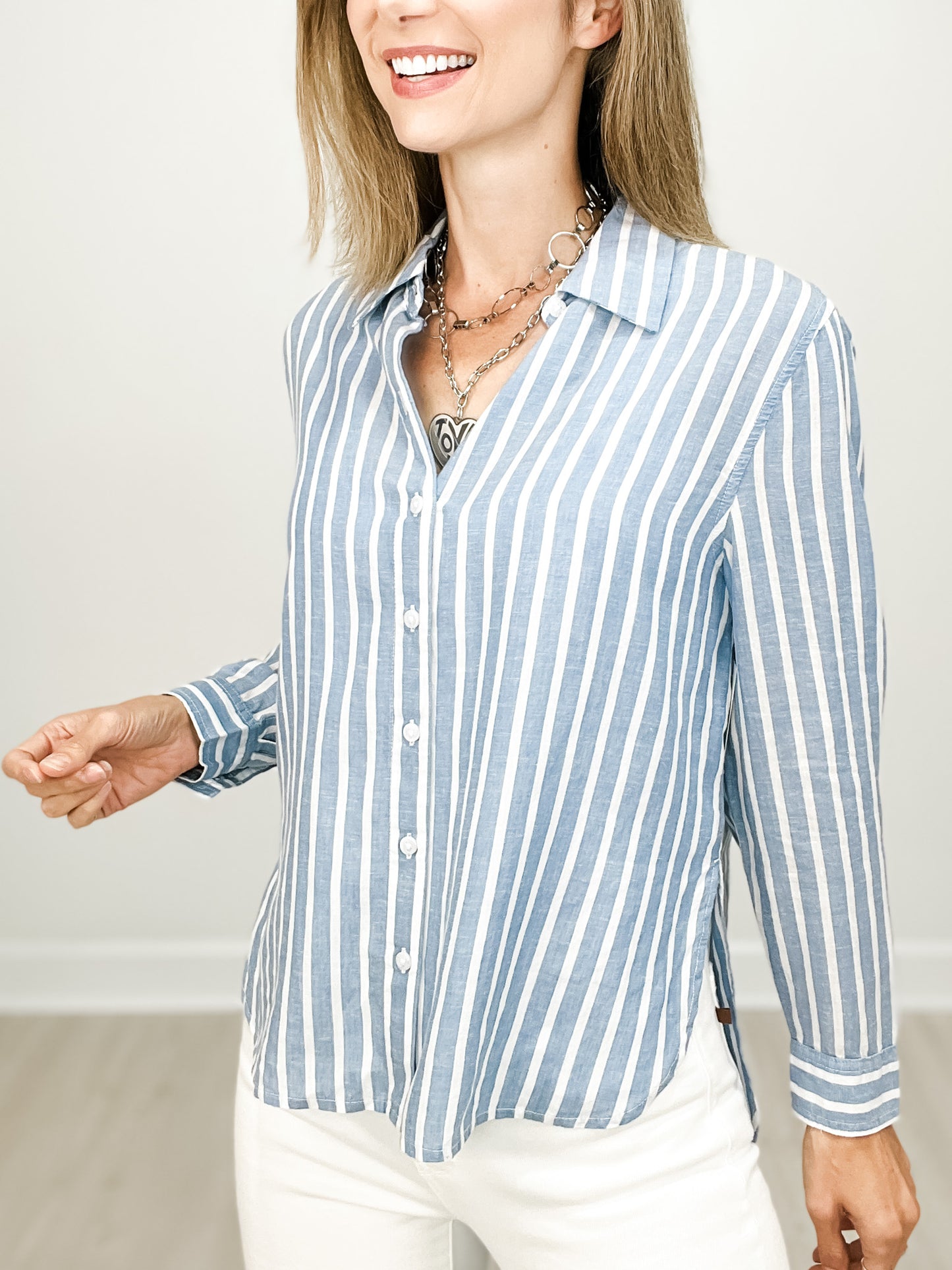 Long Sleeve Striped Hi-Low Hem Collared Button Down Top