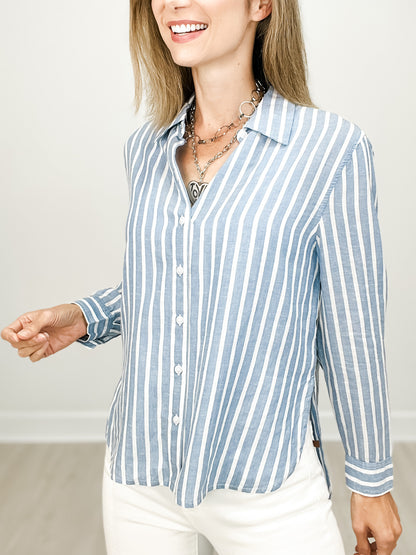 Long Sleeve Striped Hi-Low Hem Collared Button Down Top