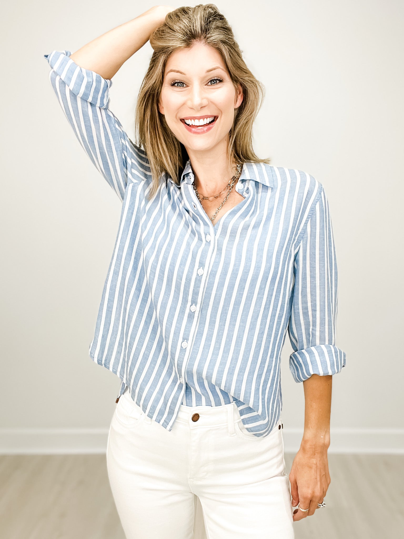 Long Sleeve Striped Hi-Low Hem Collared Button Down Top