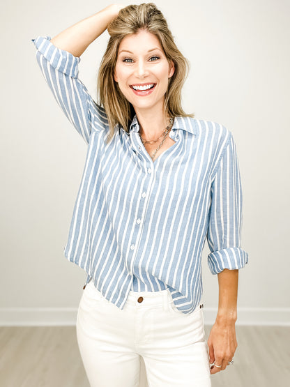 Long Sleeve Striped Hi-Low Hem Collared Button Down Top