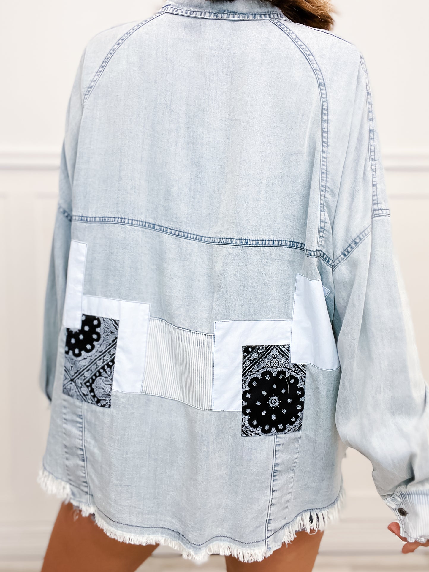 Washed Denim Patchwork Print Button Down Top