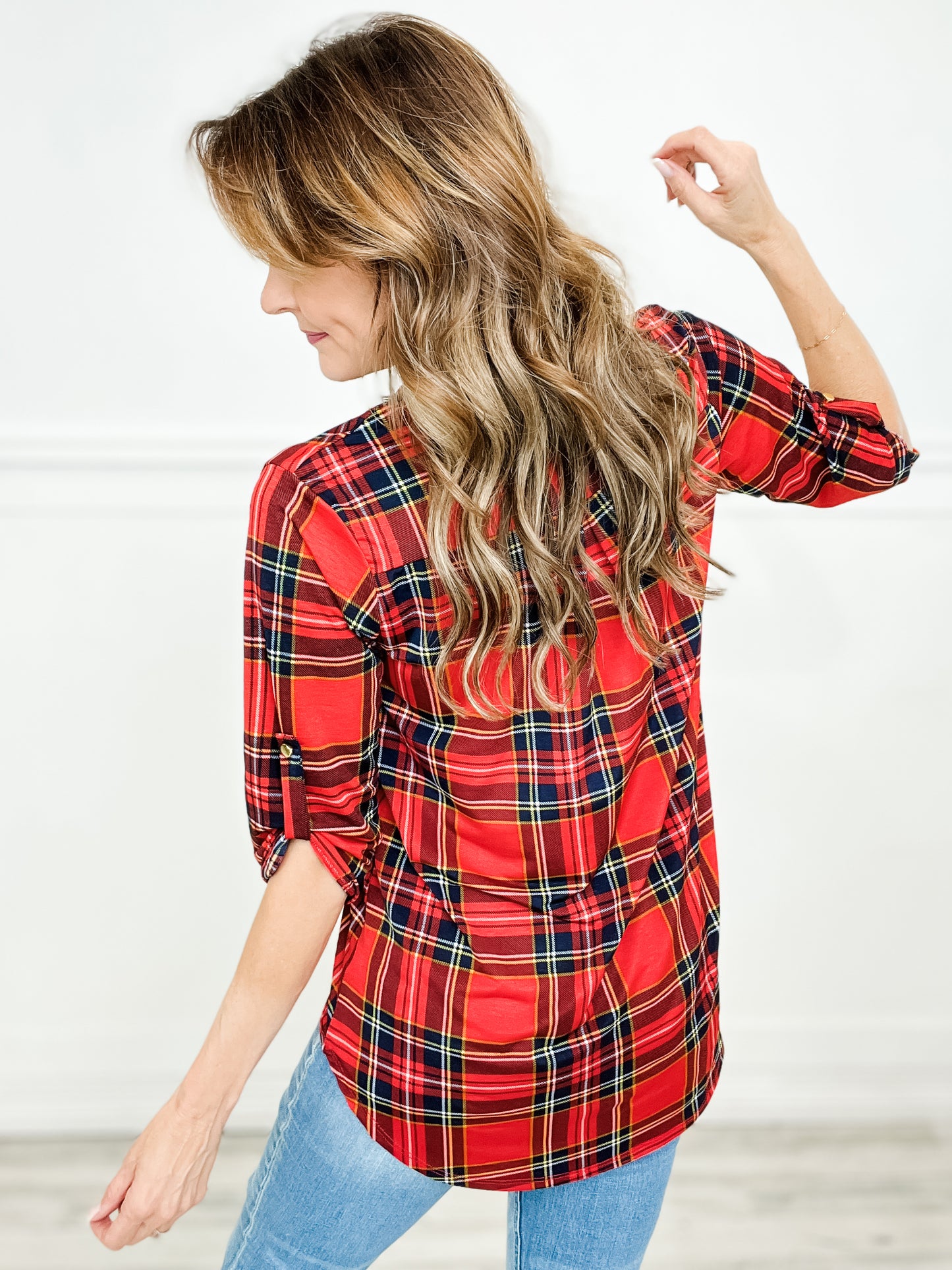 Roll Up Button Sleeve Collared Plaid Top with VNeckline Emma Lou's