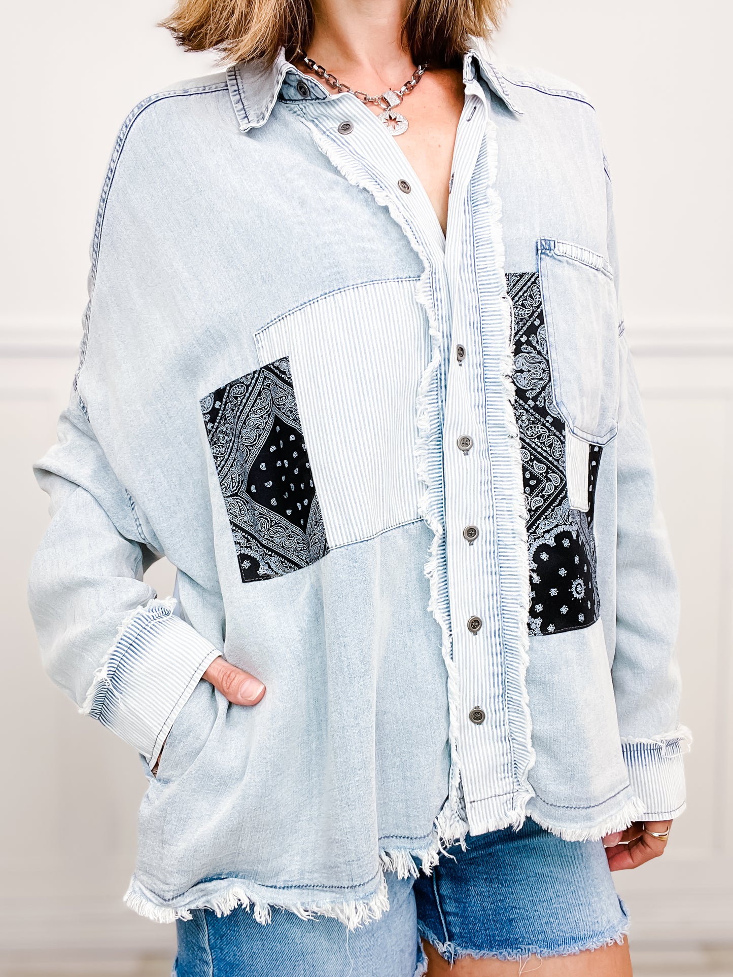 Washed Denim Patchwork Print Button Down Top