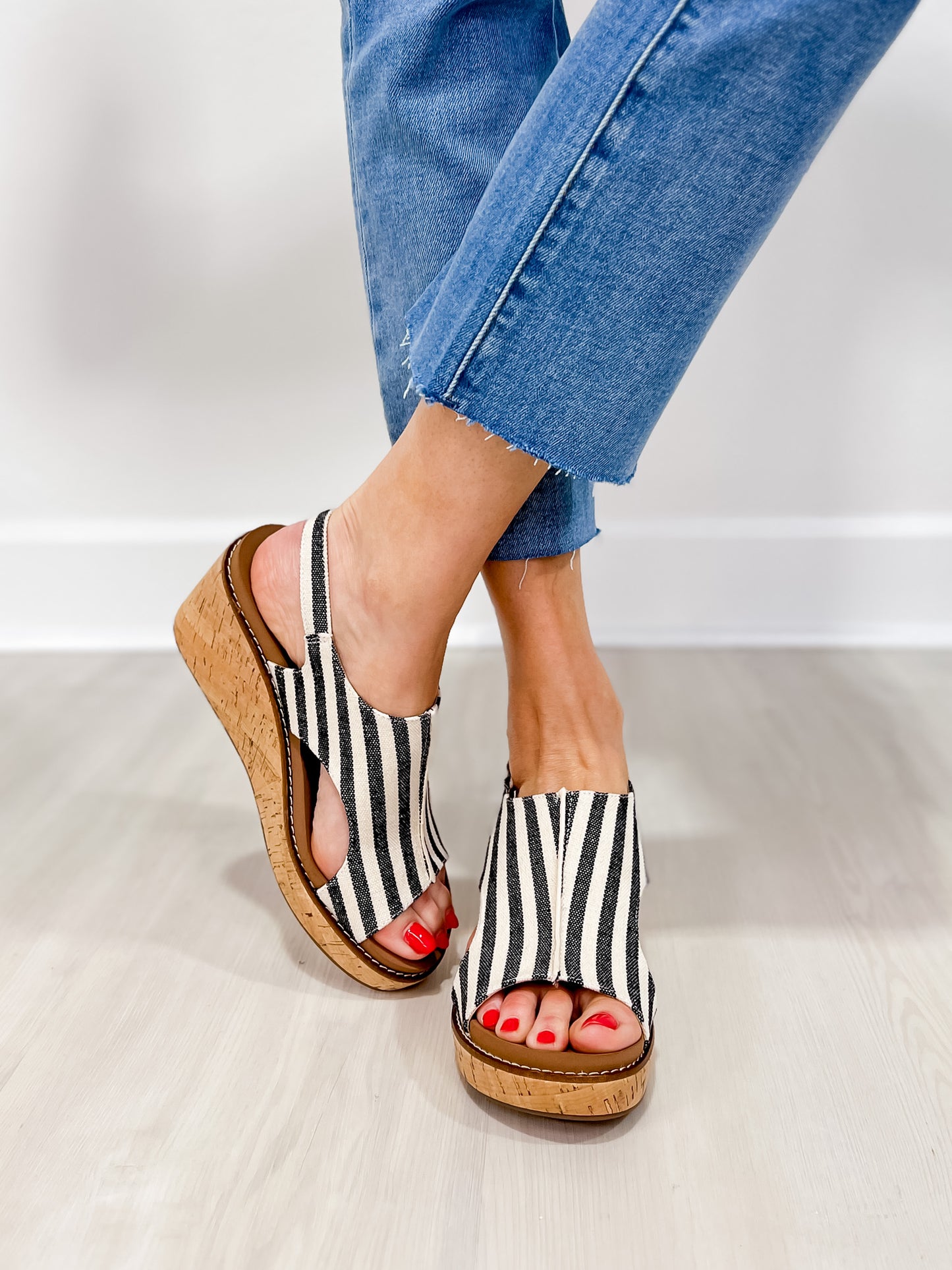 Corkys Carley Wedges in Black Natural Stripe