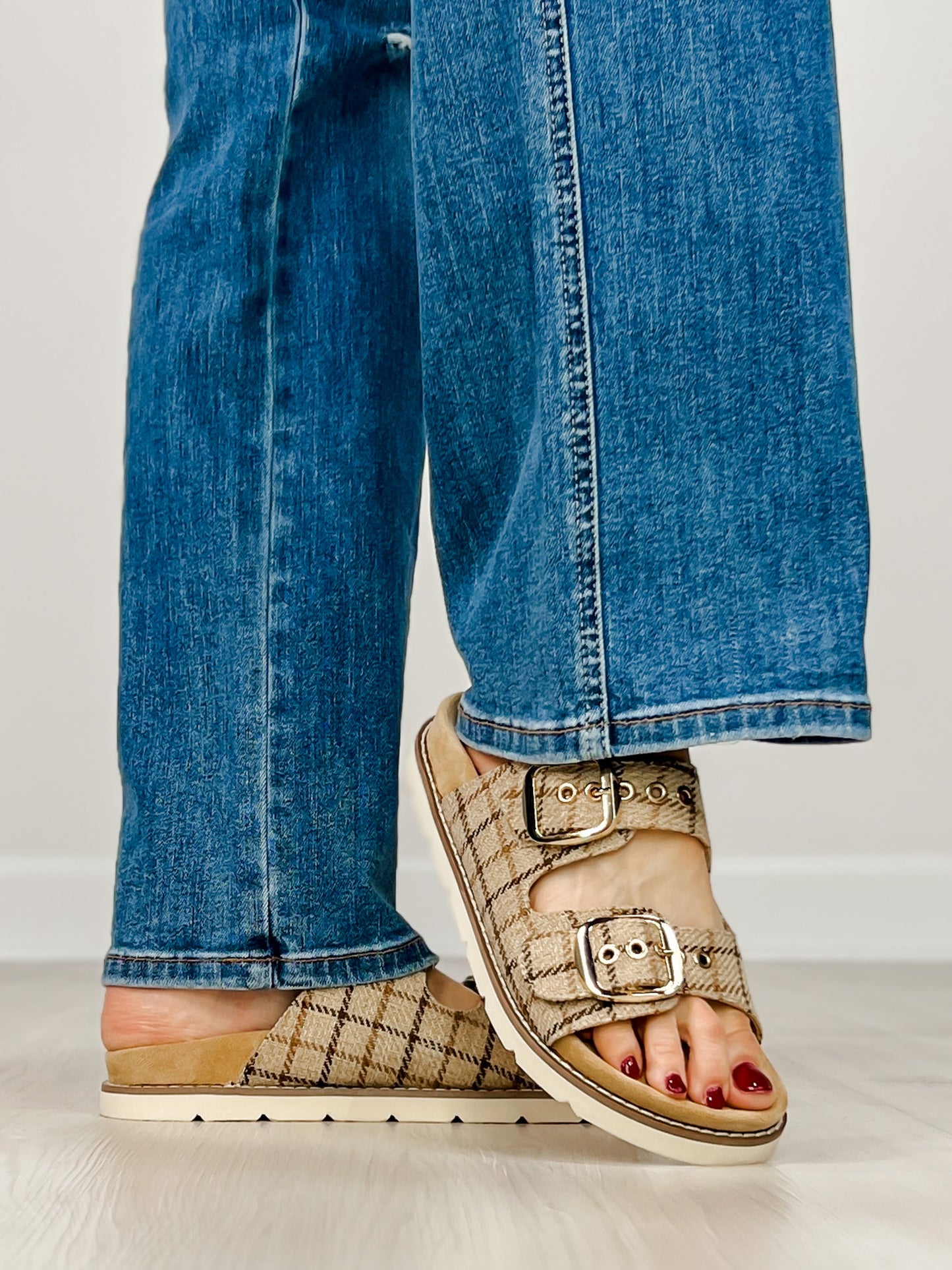 Corkys Feelin Saucy Double Buckle Sandals in TAN PLAID