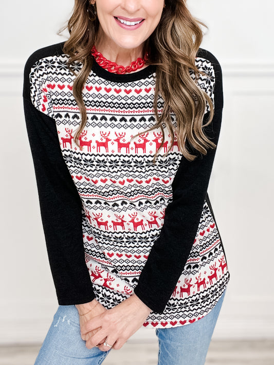 Holiday Reindeer Print and Solid Contrast Long Sleeve Top