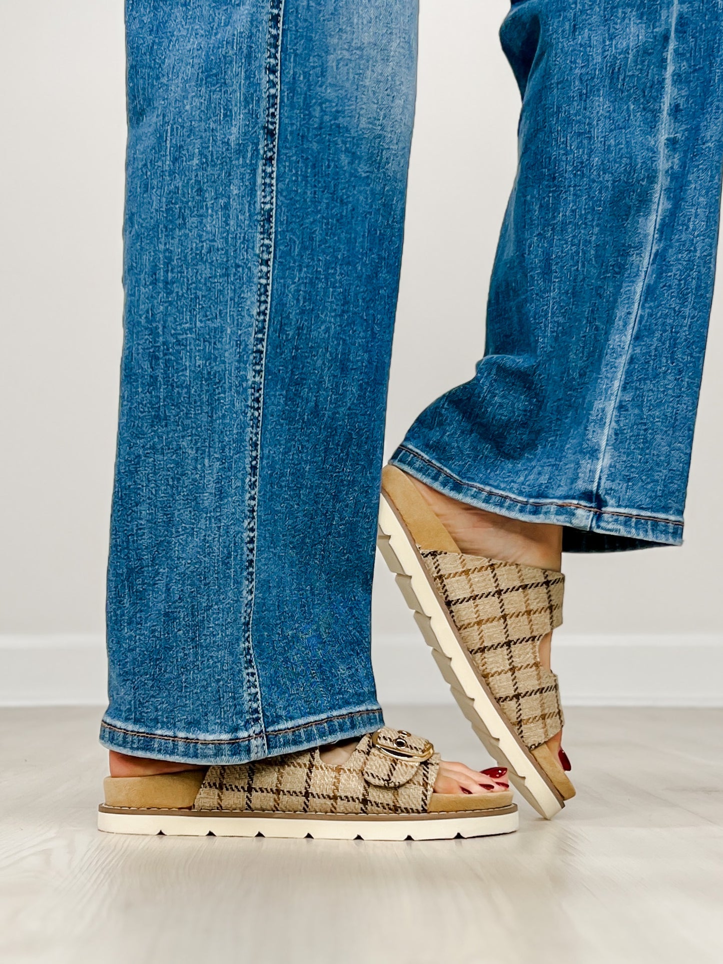 Corkys Feelin Saucy Double Buckle Sandals in TAN PLAID