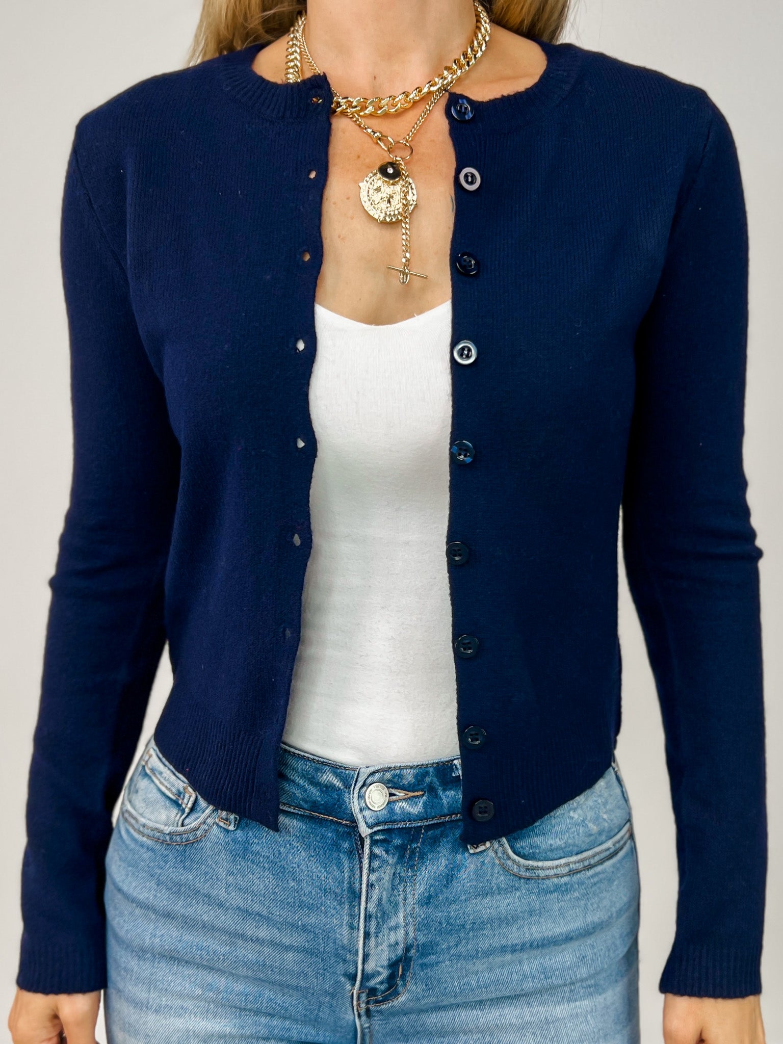 Round Neck Button Down Long Sleeve Cardigan
