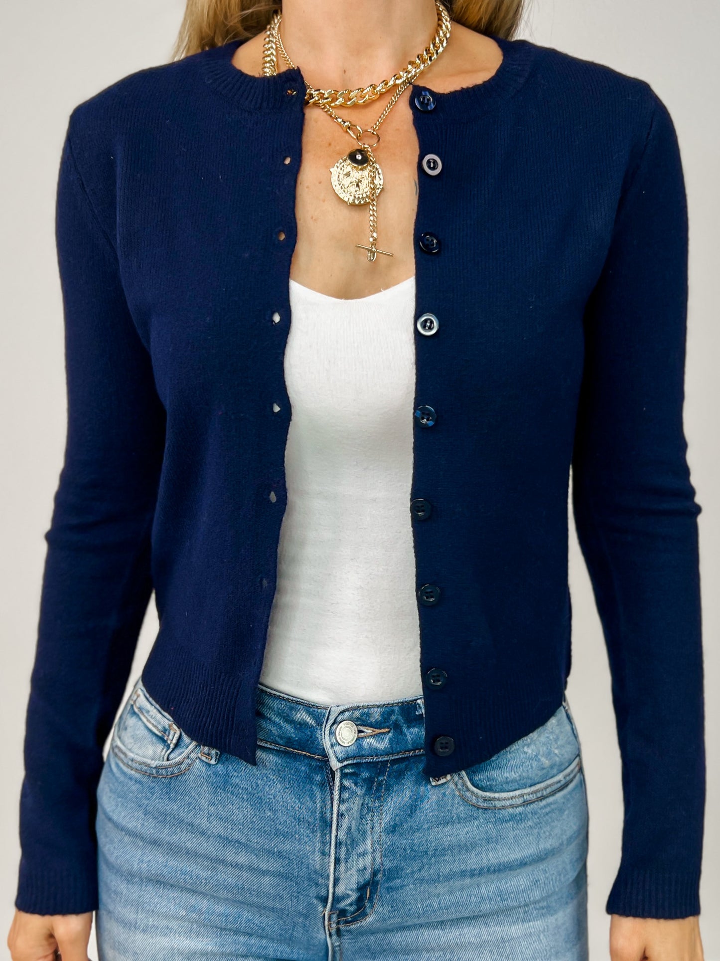 Round Neck Button Down Long Sleeve Cardigan