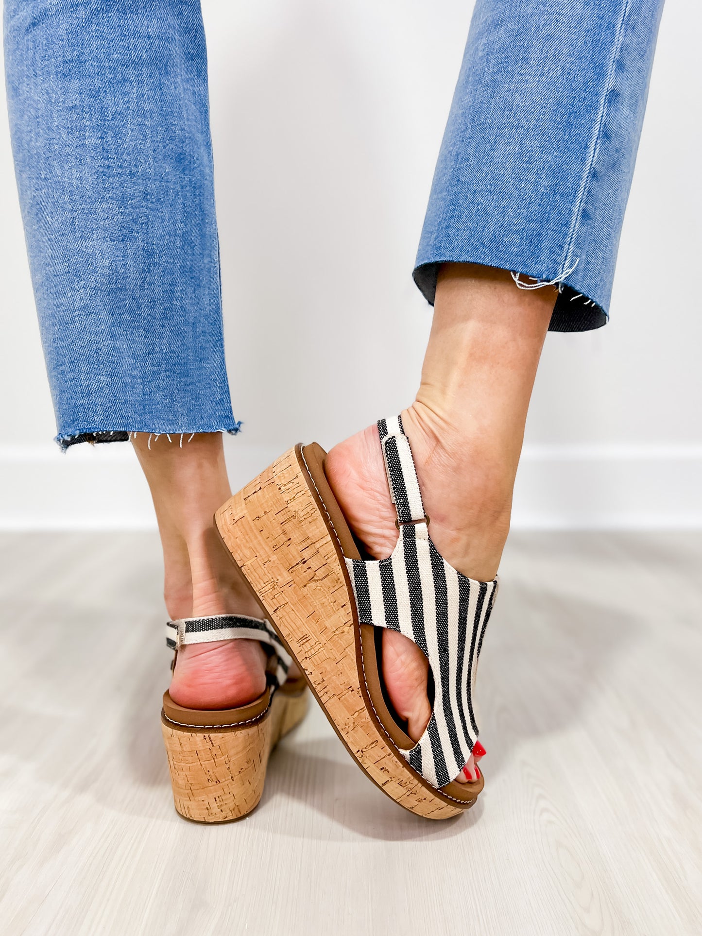 Corkys Carley Wedges in Black Natural Stripe