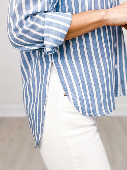 Long Sleeve Striped Hi-Low Hem Collared Button Down Top