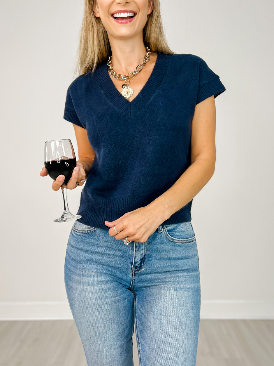 V-Neck Short Sleeve Knit Pullover Sweater