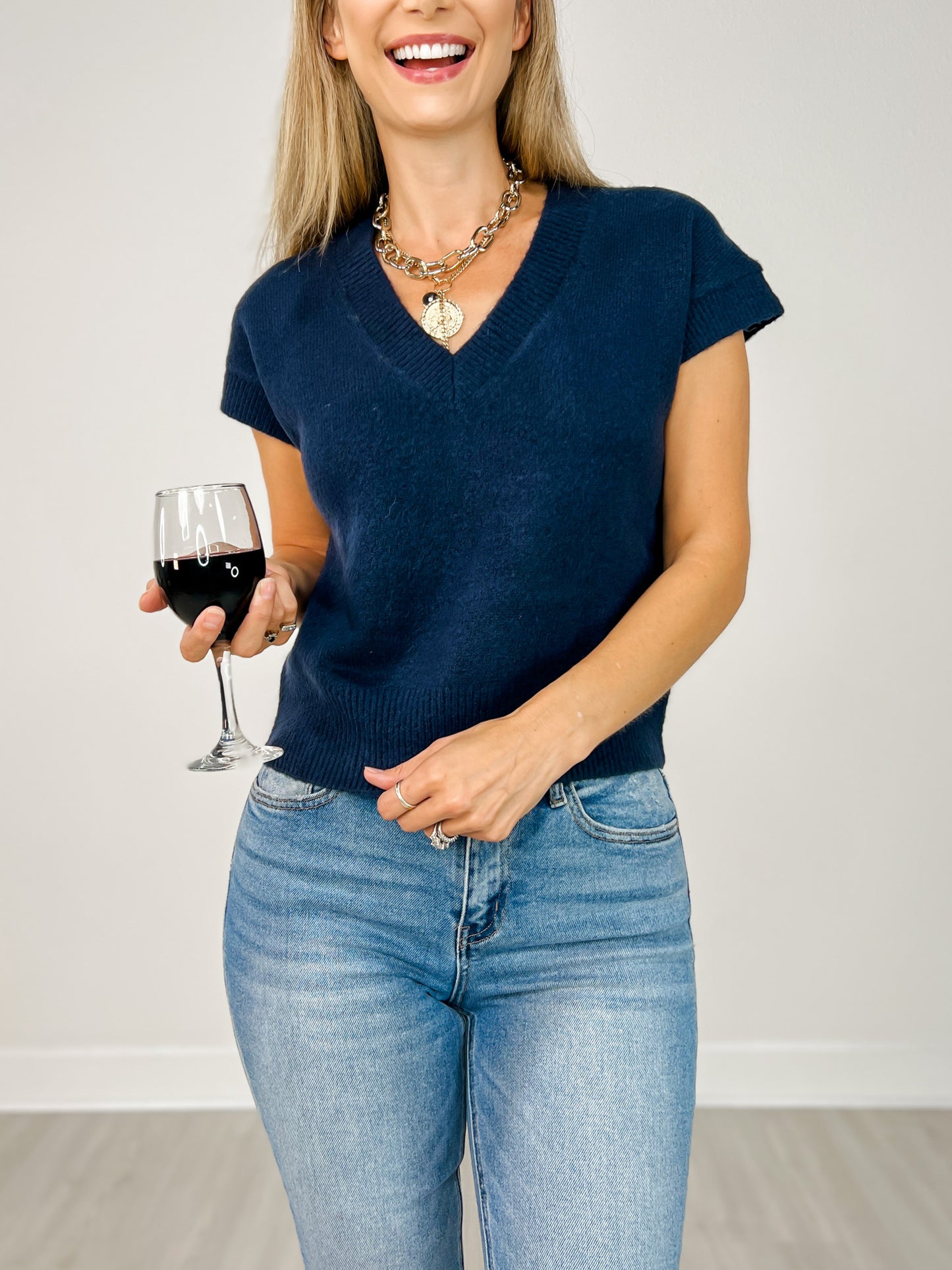 V-Neck Short Sleeve Knit Pullover Sweater