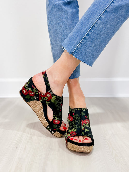 Corkys Carley Wedges in Black Red Floral