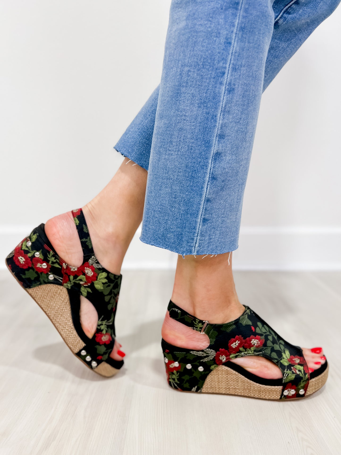 Corkys Carley Wedges in Black Red Floral