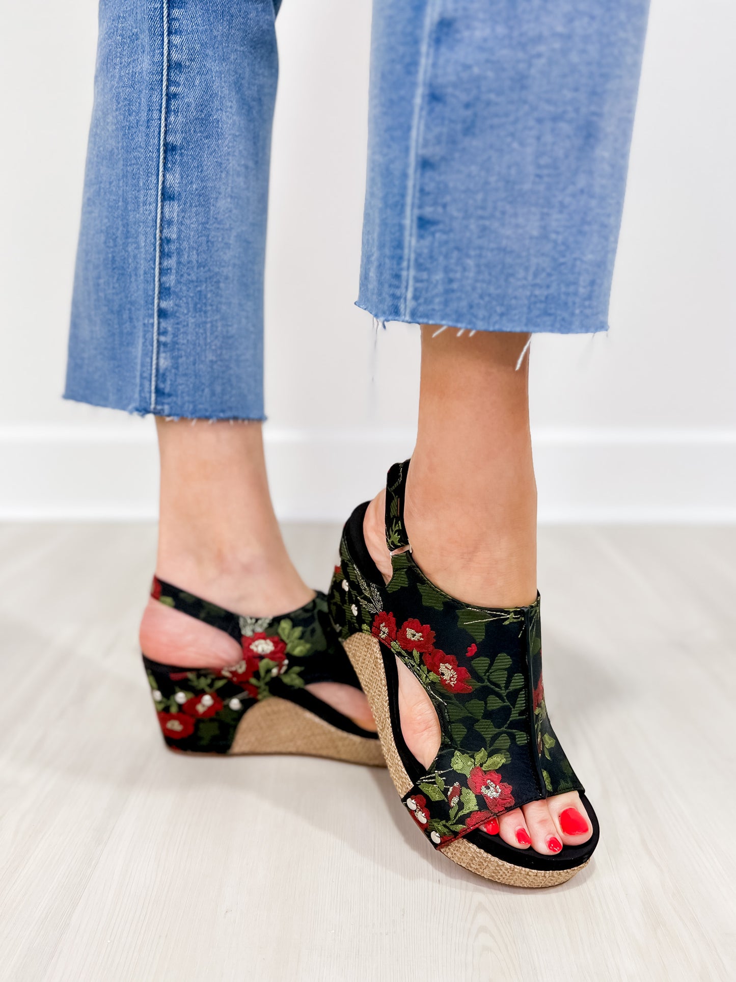 Corkys Carley Wedges in Black Red Floral