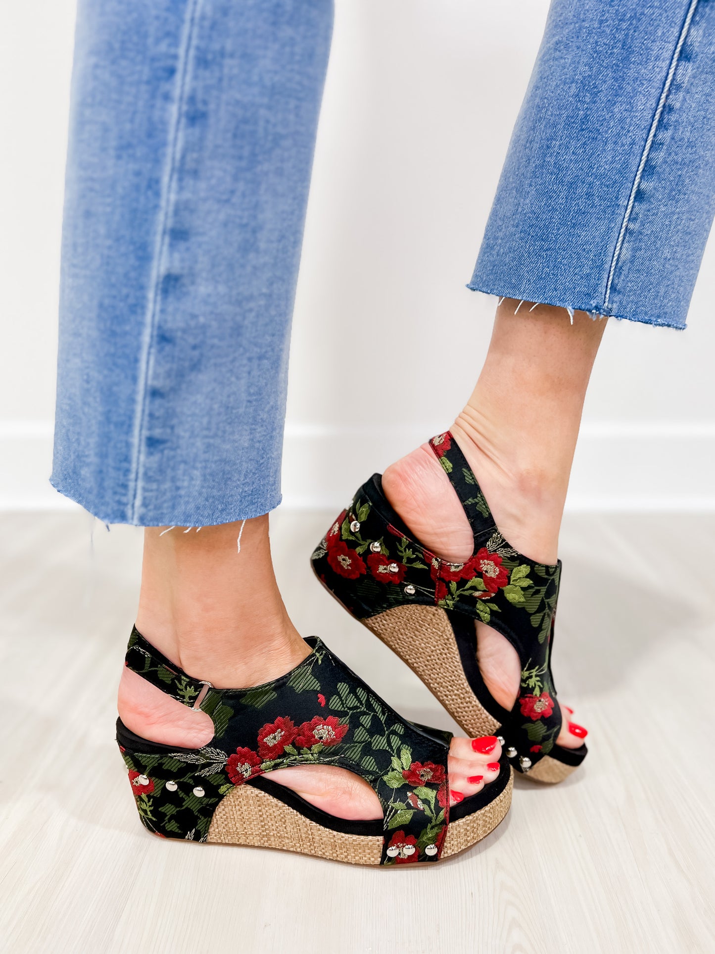 Corkys Carley Wedges in Black Red Floral