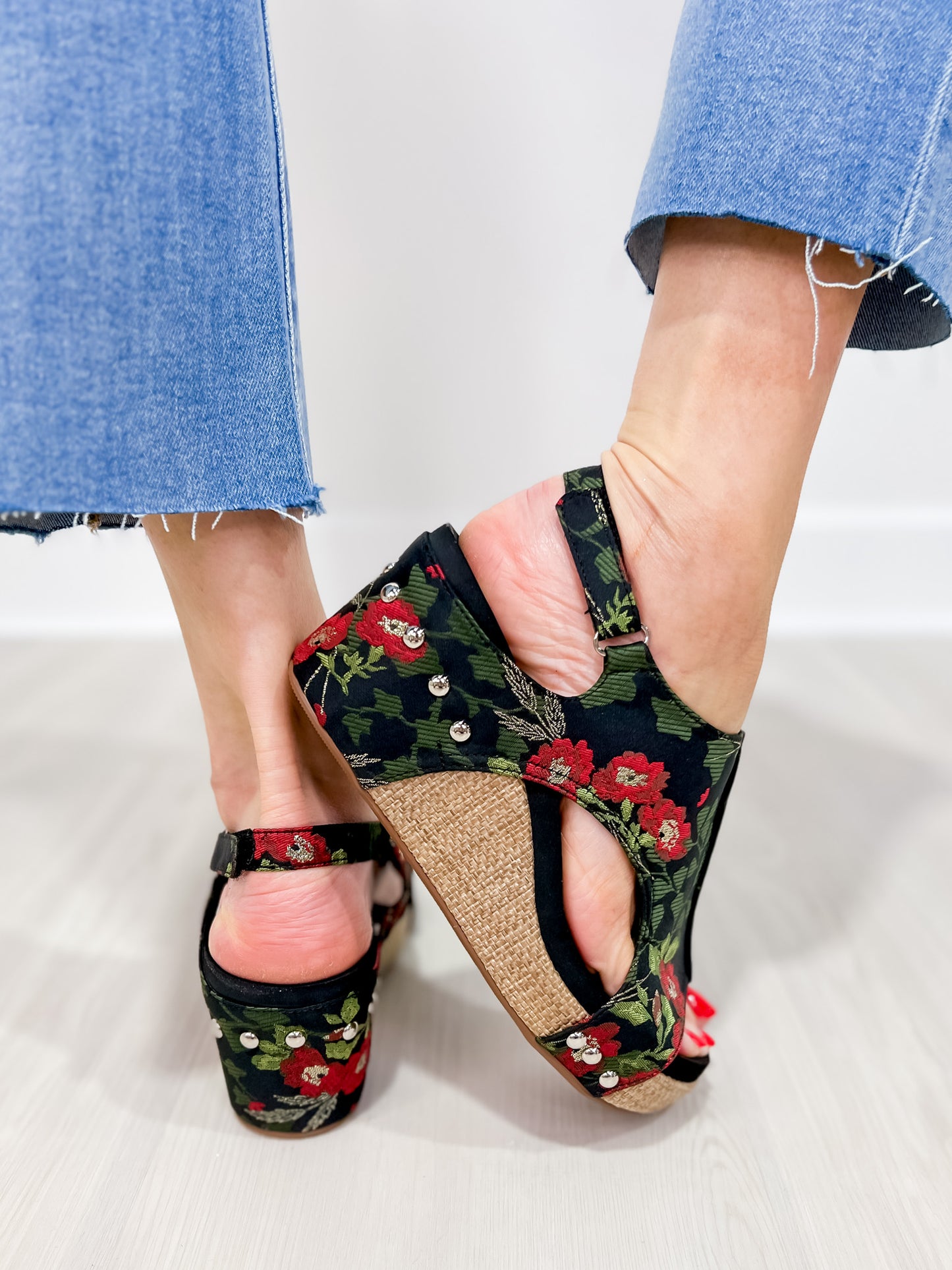 Corkys Carley Wedges in Black Red Floral