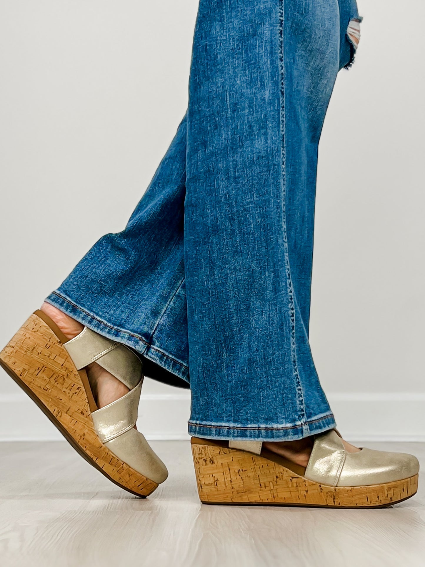 Corkys Case Closed Wedges in GOLD WASH METALLIC