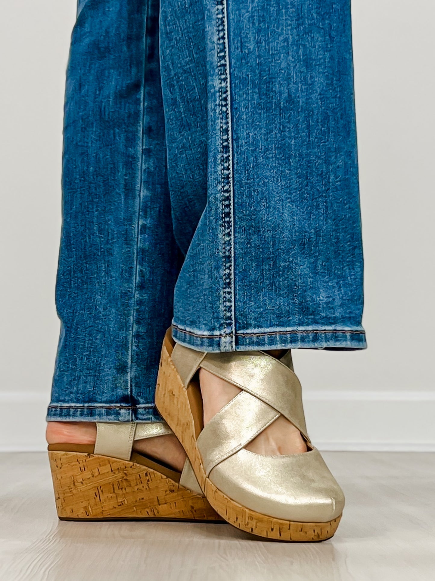 Corkys Case Closed Wedges in GOLD WASH METALLIC
