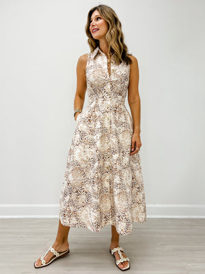 Animal Print Sleeveless Midi Dress with Self Tie Waist Belt
