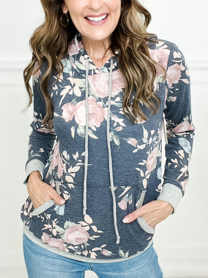 Long Sleeve Floral Print Hooded Top with Side Pockets