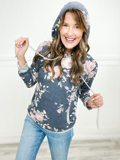 Long Sleeve Floral Print Hooded Top with Side Pockets