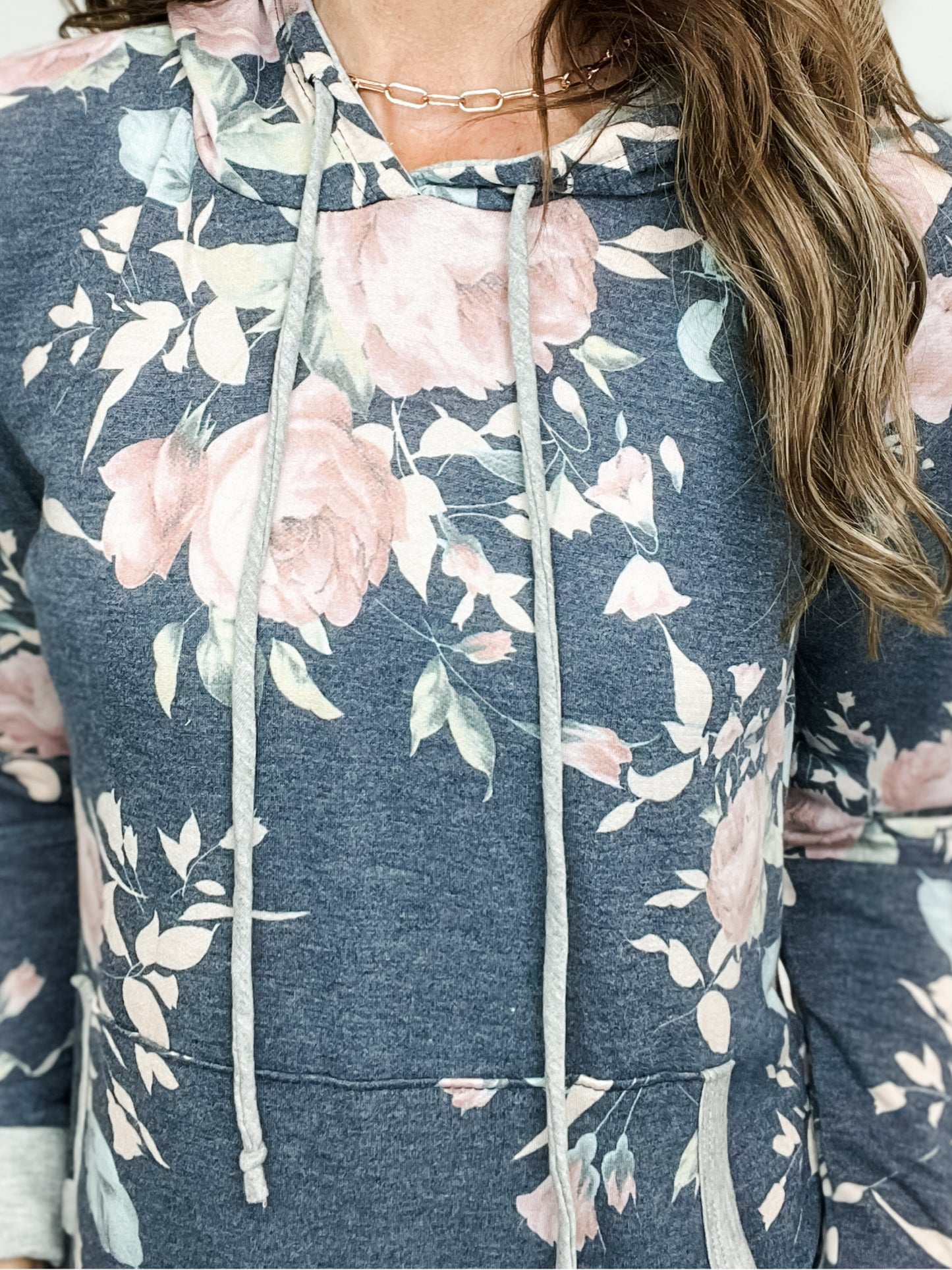 Long Sleeve Floral Print Hooded Top with Side Pockets