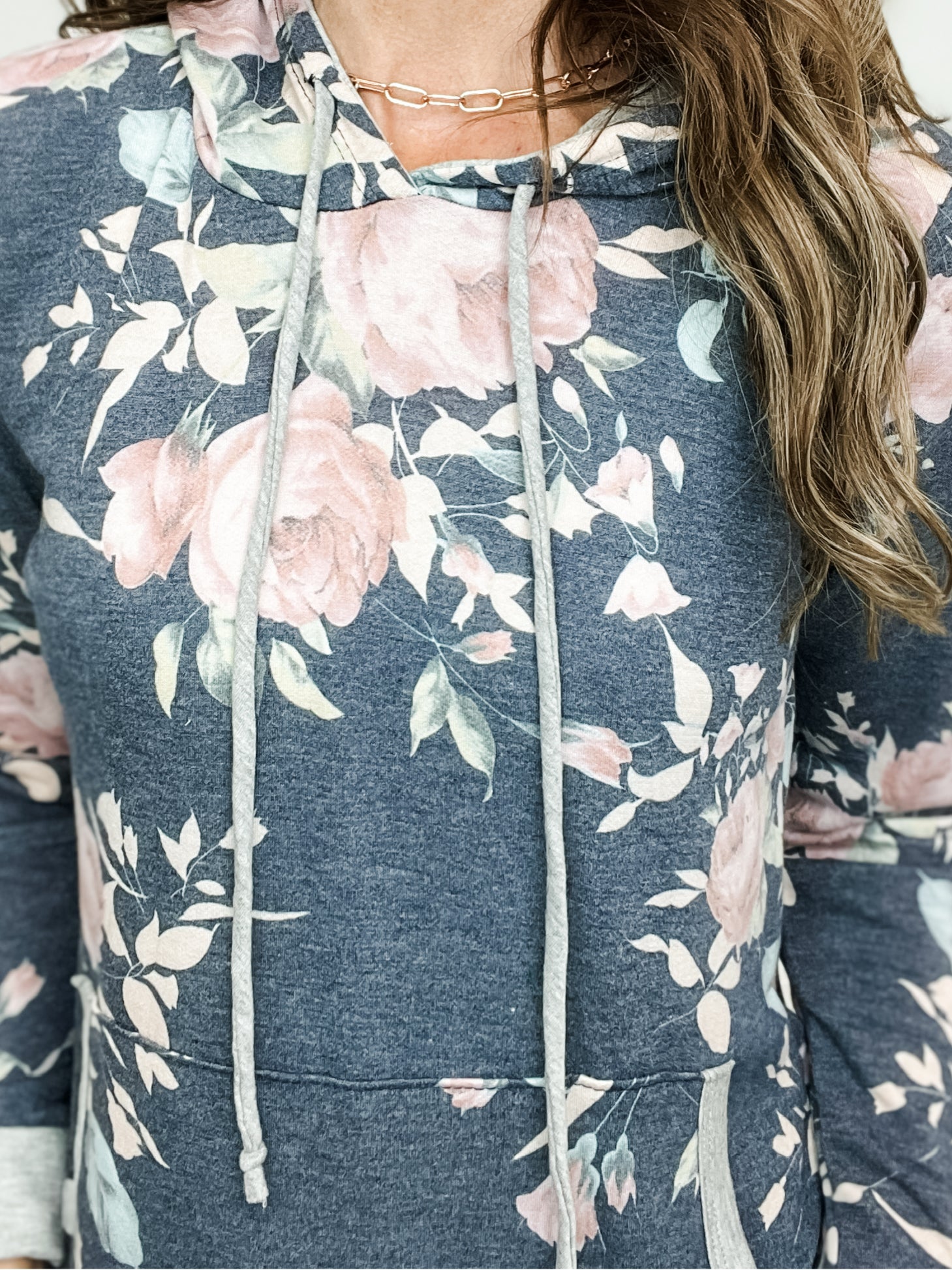 Long Sleeve Floral Print Hooded Top with Side Pockets