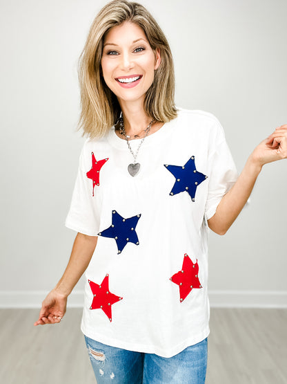 Short Sleeve Solid Knit Top with Attached Star Patches