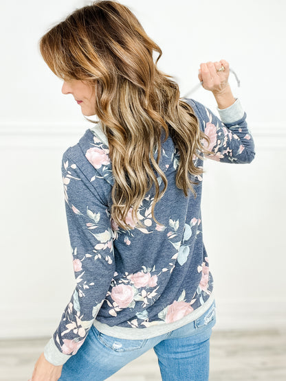 Long Sleeve Floral Print Hooded Top with Side Pockets