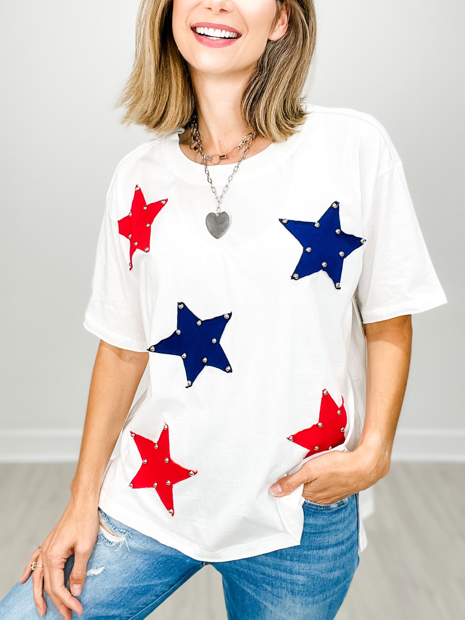 Short Sleeve Solid Knit Top with Attached Star Patches
