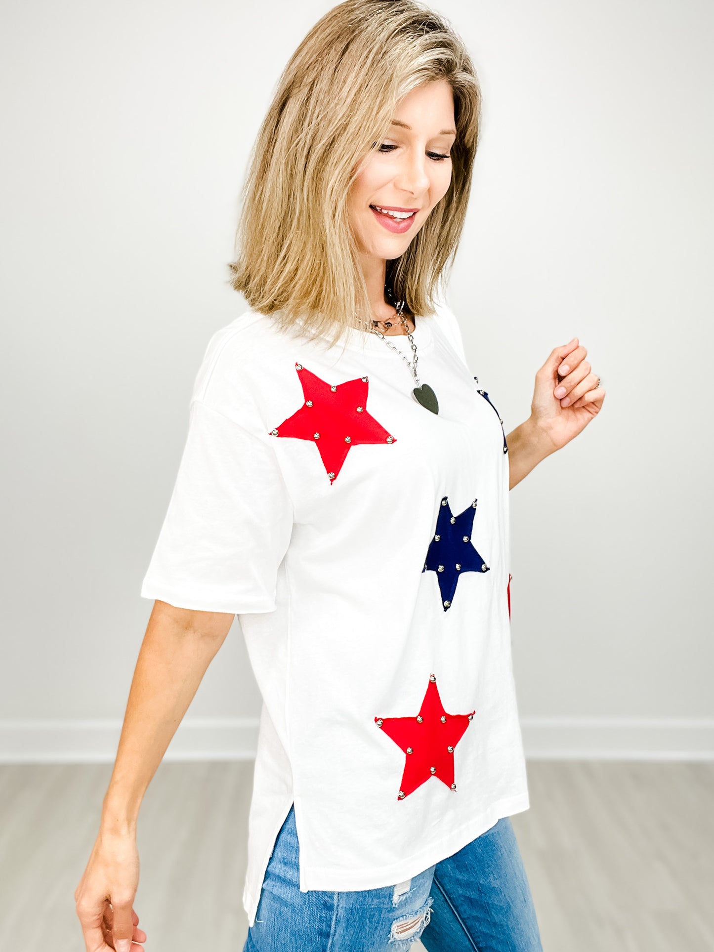 Short Sleeve Solid Knit Top with Attached Star Patches